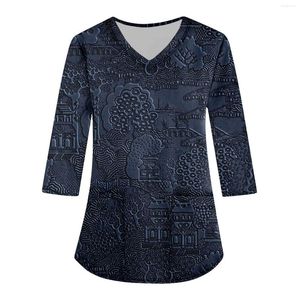 T-shirts pour femmes en vrac col en V poche imprimé manches trois quarts vêtements de travail haut ajusté hauts Blusas Elegantes travail trajet doux coréen