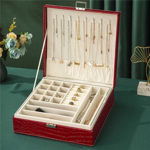 Große 2-lagige Schmuck-Organizer-Box mit Krokodilprägung, Halsketten, Ohrringen, Ringen, Leder-Aufbewahrung, Make-up-Etui mit Schloss 230814