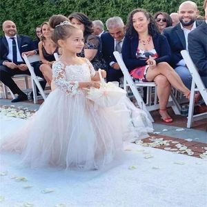 Girl Dresses Elegant Champagne Tulle Lace Flower Dress For Wedding Long-sleeved With Bow First Communion Birthday Party Prom Ball Gowns