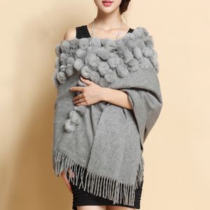 Scarves Fur Shawl Scarf For Women High Quality Plain Rabbit Fur Pompom Winter Thick Female Real Sheep Woolen Poncho Lady Elegant Wraps 230904