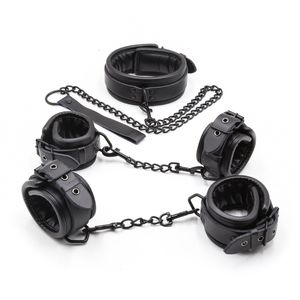 Bondage preto couro genuíno bdsm conjunto 3pcs restrições coleiras tornozelo manguito algemas para brinquedos sexuais adultos 230901