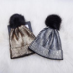 Beanie Skull Caps Women Girls Winter Warm Metallic Shiny Sticket Crochet Beanie Hat With Pom Silver Gold257r