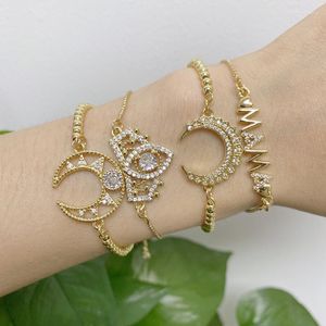 Link pulseiras moda jóias banhado a ouro latão meia lua espaçador letras cz pavimentada zircão forma coroa pulseiras ajustáveis para mulher