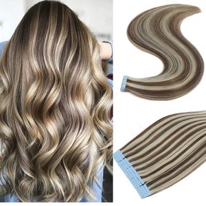 Fita em extensões de cabelo loiro Fita em extensões de cabelo humano Cor 2 Castanho mais escuro destacado 613 Bleach Blonde Hair Extensions 100g P2 613