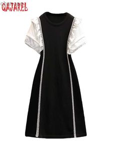 Базовые повседневные платья 2023 Черное лоскутное платье миди с короткими рукавами и оборками Женское элегантное шикарное платье Y2k Летнее корейское облегающее винтажное платье Хепберн Vestidos LST230904