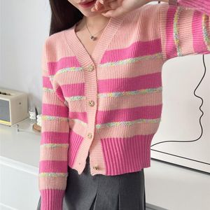 Kadın Örgü Korejepo Tatlı Pembe Stripe Sweater V Yastık Örme Ceket 2023 Sonbahar Kore Kısa Yaşını Azaltan Kazaklar