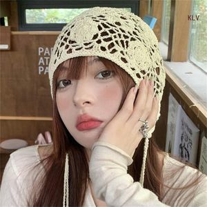 Beanie/Skull Caps Sticked Beanie Hat For Women Y2k Lovely Flower Hat Ethnic Style Girls Earfap Cap Fashion Female Hat Teens Headwear 230904