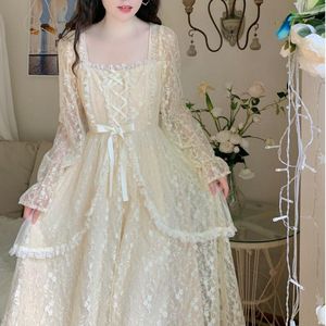 Sukienki swobodne koronkowe sukienki w stylu vintage kobiety długoterminowy kolor elegancki midi lolita impreza 2023 zima jedno kawałek koreańska moda