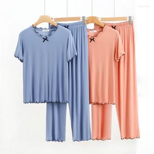 Kvinnors sömnkläder Modala byxor Pyjamas Kvinnor Spring/Summer Korean Fashion Simple Thin Short Sleeve Bow Decor Tops With Long Pants Pijamas