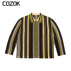 Men's Sweaters 2023 Vintage Cardigan Shirt Sweater Men Women Harajuku Hollow Stripe Design Knitted Hip Hop Streetwear Loose Button Coat 230904