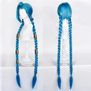 Парики для косплея LOL Jinx, парик для косплея, длинный плетеный синий свободный парик-пушка с синей косой, термостойкие парики из синтетических волос, шапочка для парика 230904