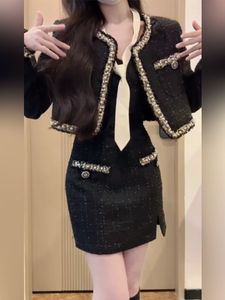 Women's autumn tweed black beaded woolen coat and Italian thin shoulder strap dress set SMLXLXXL3XL4XL