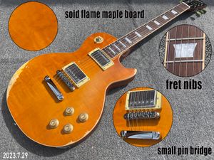 Guitarra elétrica sólida chama maple board laranja top uma peça corpo de mogno e pescoço rosewood fingerboard fret nibs long tenon unidos