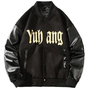 Jaquetas masculinas Jaket Seragam Bisbol Pria Wanita Jaket Hip Hop Huruf Camurça Kancing Jahitan Pasangan Longgar Kerah Berdiri Único Breasted