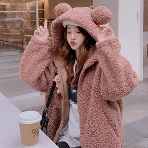 Kadın Hoodies Sweatshirts Kuzu Yün Palto Kadınlar Sonbahar ve Kış Kore tarzı tembel rüzgar gevşek allmatch büyük kulaklar kapüşonlu kalınlaşmış 230904