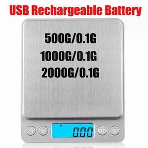 1000g/0,1 g 500g/0,1 g 2000g/0,1 g LCD Portabel USB -laddningsbar batteri Mini Elektroniska digitala skalor Fickfodral Postal Kök noggrannhet Smycken Dry Herb Viktanordning