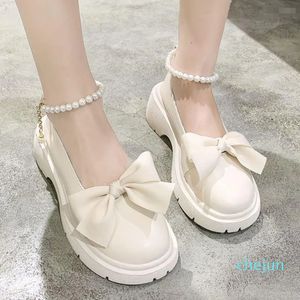 Klänningskor 2023 Summer Plus Size Mary Jane Bow Pearl Chunky Heel Platform Heel Womens Zapatos de Mujer