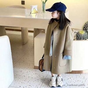 Down Coat Autumn Kids Woolen Cotton Padded Long Jackets For Girls Winter Solid Stand Collar Hooded Coat Girls Warm Outterwear 7 8 9 10 12 R230905