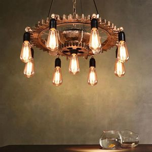 Creative Loft Pendant Lamp Vintage Iron Wood Gear Light Bar Study Matsal vardagsrum Restaurang Cafe Chandelier strålkastare LLF2076