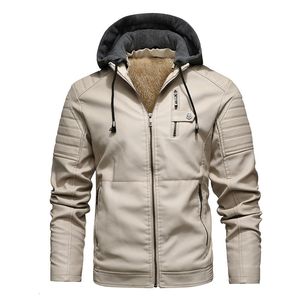 Men's Leather Faux Fashion Jacket Men Autumn Fleece Liner Pu Coats with Hood Winter Male Clothing Casual White Motorcycle Jackets 230904