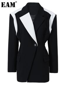 Damskie garnitury Blazery Eam Women Black White Color-Block Elegancki marynaty Lapel Long Rleeve Jacket Fashion Spring Autumn 1DF076201 230904