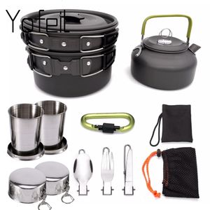 Camp Kitchen 1 Set Outdoor Pots Pans Camping Cookware Picnic Cooking Set Non-Stick Table Seary With Foldble Spoon Fork Knife Kettle Cup 230905