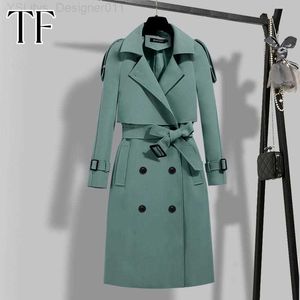 Women's Wool Blends Autumn Korean Trench Coat för kvinnor Justerbar midja Solid långa rockar Vinterkläder plus storlek Office Lady Windbreaker Jackets L230905