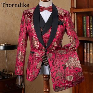 Thorndike Red Men Stuit 2020花柄の結婚式スーツ男性カスタムメイドのショールラペルグルームタキシードスリムフィットプロムスーツ2020276J