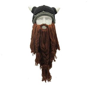 Beanie/Skull Caps Men's Barbarian Vagabond Viking Beard Beanie Horn Hat Handmased Winter Warm Birthday Funny Gag Halloween Cap Christmas Gifts 230905