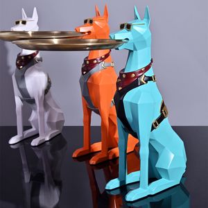 Decorative Objects Figurines Doberman Pinscher Resin Dog Sculpture Butler with Metal Tray Craft Ornament Decor Art Animal Home 230905