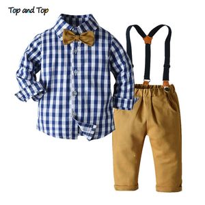 Set di abbigliamento Top e top Set di abbigliamento per ragazzi Primavera Autunno Bambini Ragazzi Maniche lunghe Papillon scozzese Top Pantaloni con bretelle Abbigliamento casual Outfit 230904