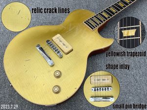 Elektrisk gitarrfast guld OTP Relic Work Crack Lines Single P90 Pickup Ebony Fingleboard Yellowish Inaly Aged Parts and Paint