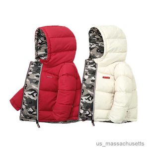 Casaco para baixo jaqueta infantil meninos casacos de inverno crianças para baixo algodão acolchoado jaqueta menina camuflagem outwear lados roupas do bebê r230905