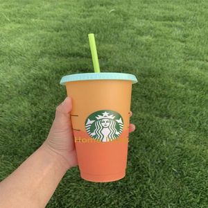 24oz mudança de cor tumblers plástico beber suco copo com lábio e palha mágica caneca de café costom starbucks mudança de cor plástico 234l