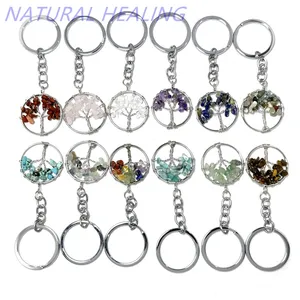 30mm Chip Stone Tree of Life Pendant Fluorite Key Rings Lapis Amethyst Keychain Gift Natural Stone Crystal Jewelry