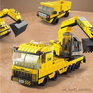 Blocos 6 em 1 novas máquinas de escavação engenharia veículo guindaste carro caminhão material modelo blocos de construção conjuntos brinquedo cidade r230905