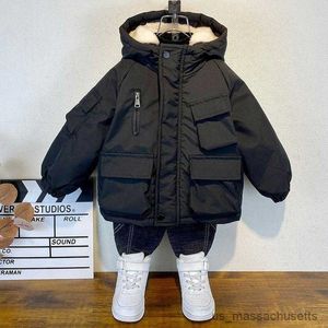 Piumino invernale caldo per bambini Ragazzi Moda per ragazzi Cappotto Giacca nera spessa Piumino caldo Abbigliamento per bambini Capispalla con cappuccio con cerniera R230905