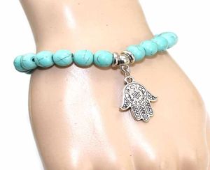 New Arrival 8mm turquoise bead hamsa hand charm bracelets turkish ethnic religions jewelry women USA yoga3508234