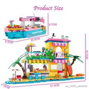 Blocks Houseboat Cottage on The Beach House Model Seaside Park Holiday Wharf Cruises Ship Set Building Blocks Toys for Girls R230905