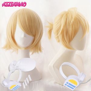 Cosplay peruks rin len kort blond värmebeständig syntetisk hår anime cosplay peruker spår kod gratis peruk cap 230904