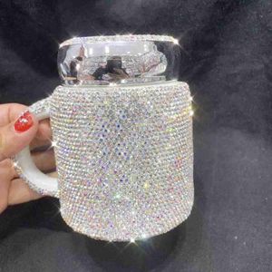 Tassen Funkelnde Kaffeetasse mit Deckel Keramik Kristall Strass Tumbler Tasse Fernbeziehung Geschenke Milch Wasser Tassen Niedlich T230905