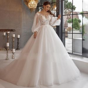 Abiti da sposa di lusso con abito da ballo scintillante Abiti da sposa con maniche a sbuffo e collo trasparente Abito da sposa principessa con perline Applicazioni in pizzo Mariage De Novia