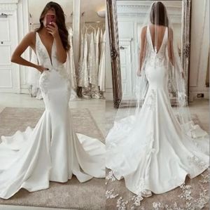 2023 cetim sereia vestidos de casamento mergulhando v pescoço renda applique bordado varredura trem cintas feito sob encomenda vestido de casamento novia