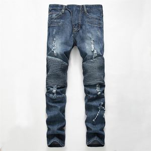 Jeans masculinos rasgados e vincados, calças longas e finas com buracos, cintura média, tamanho reto 28-40, alta qualidade 2713