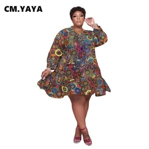 CM YAYA Women Plus Size Dress Print Full Sleeve O-neck Knee Length Loose Maxi Dresses Sexy Fashion Vestidos Autumn Outfits 220516211G