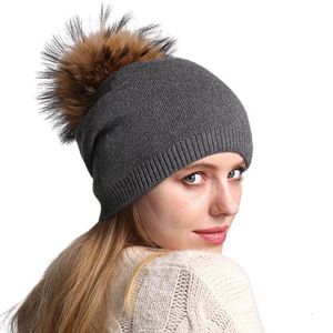 Beanie/Skull Caps Autumn Winter Warm Knitted Hat Women Wool Skullies Beanies Casual Female Cashmere Beanie Cap Real Raccoon Fur Pompom Hat 230905