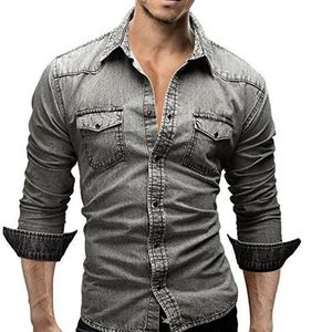 Camisa europeia americana de dois bolsos, masculina, manga comprida, jeans, cowboy, vintage, slim fit, botão, roupa masculina 2349