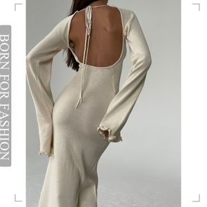 Temel gündelik elbiseler sonbahar seksi açık arka ince fit yün dokuma elbise rahat yüksek bel dantel yukarı parlama kolları siyah 230904