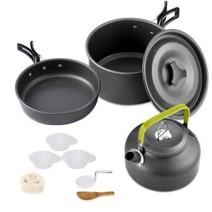 Camp Kitchen Camping Cookware Set Aluminium Nonstick Portable Outdoor Table Kettle Pot Cookset Cooking Pan Bowl för vandring BBQ Picnic 230905