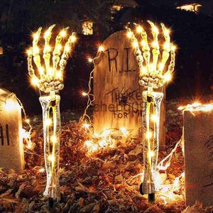 Decoração de festa 2 pcs decoração de Halloween esqueleto braços mão estacas lâmpada 8 modos temporizador à prova d 'água ao ar livre festa de jardim acender bateria de estatueta x0905